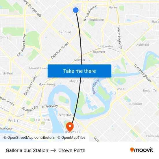 Galleria bus Station to Crown Perth map