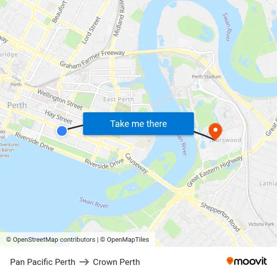 Pan Pacific Perth to Crown Perth map