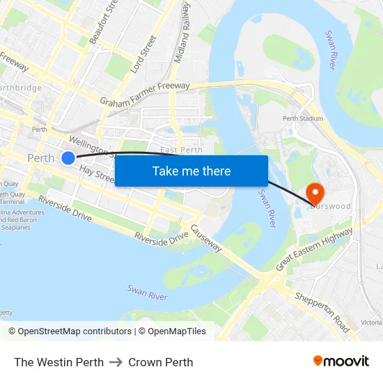 The Westin Perth to Crown Perth map