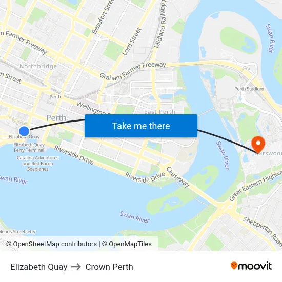 Elizabeth Quay to Crown Perth map