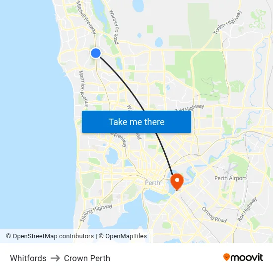 Whitfords to Crown Perth map