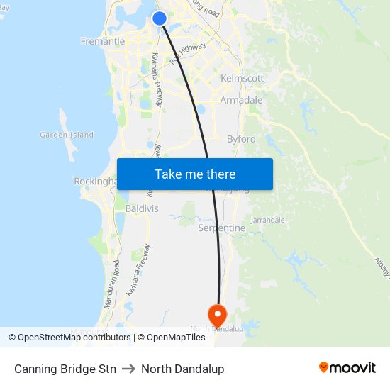 Canning Bridge Stn to North Dandalup map