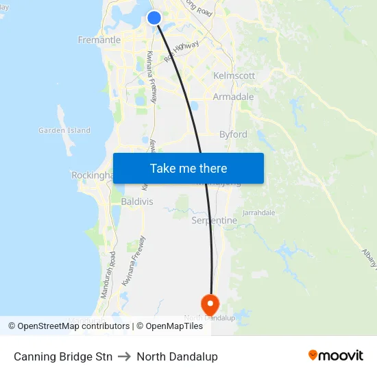 Canning Bridge Stn to North Dandalup map