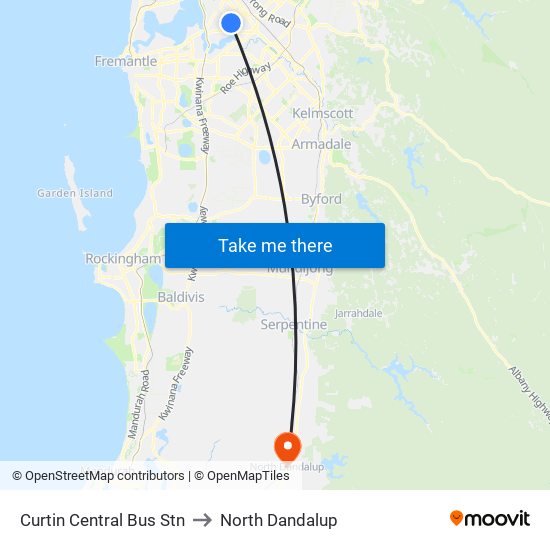 Curtin Central Bus Stn to North Dandalup map