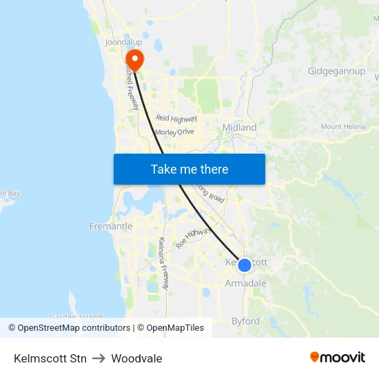 Kelmscott Stn to Woodvale map