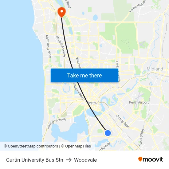 Curtin University Bus Stn to Woodvale map