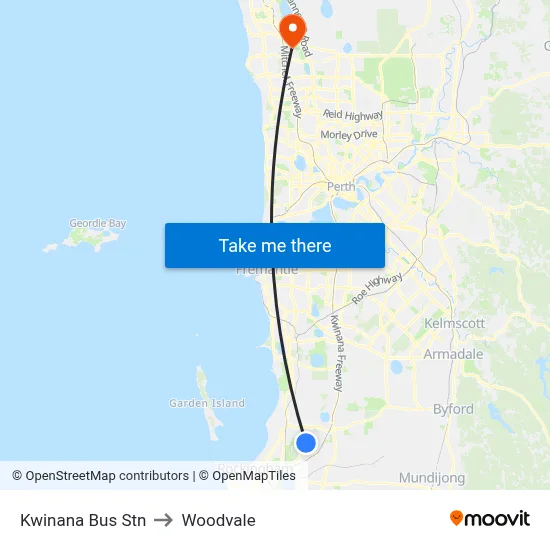 Kwinana Bus Stn to Woodvale map