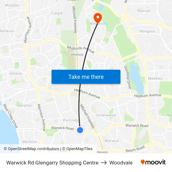 Warwick Rd Glengarry Shopping Centre to Woodvale map