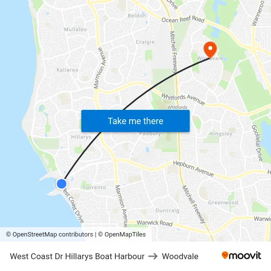 West Coast Dr Hillarys Boat Harbour to Woodvale map