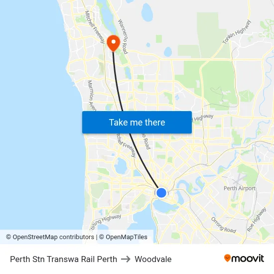 Perth Stn Transwa Rail Perth to Woodvale map