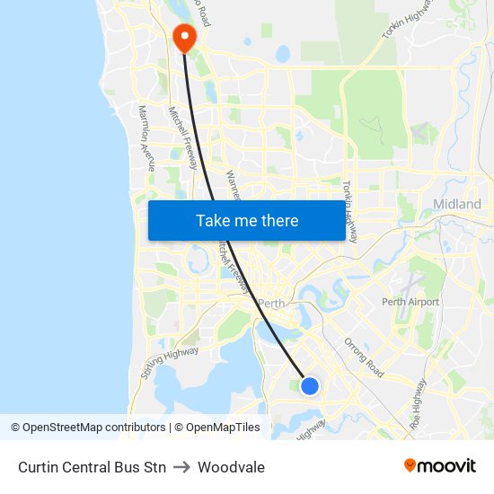 Curtin Central Bus Stn to Woodvale map