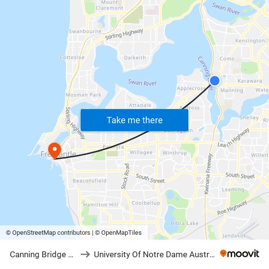 Canning Bridge Stn to University Of Notre Dame Australia map