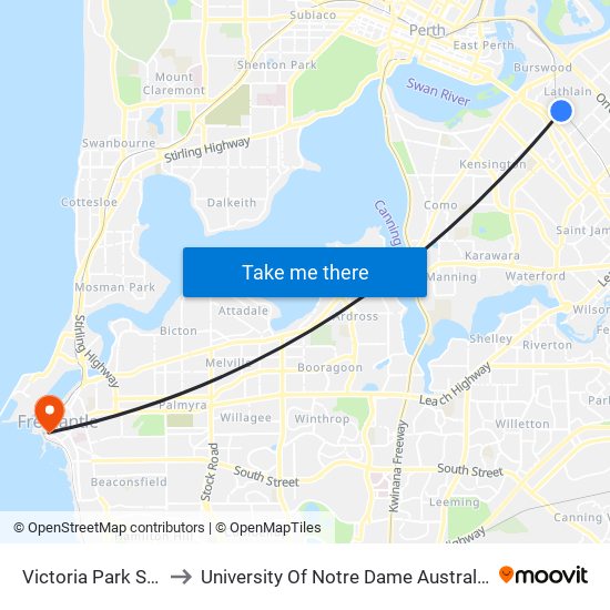 Victoria Park Stn to University Of Notre Dame Australia map