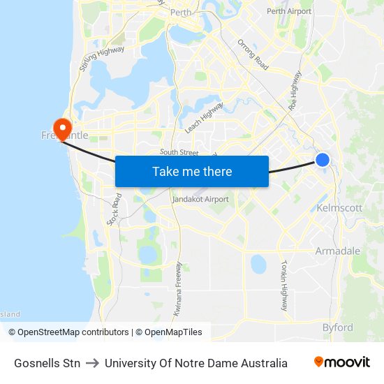 Gosnells Stn to University Of Notre Dame Australia map