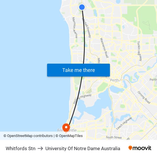 Whitfords Stn to University Of Notre Dame Australia map