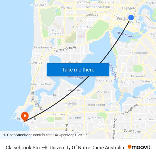 Claisebrook Stn to University Of Notre Dame Australia map