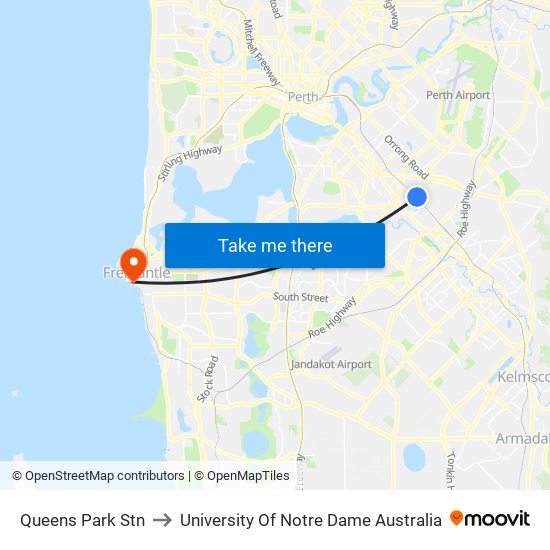 Queens Park Stn to University Of Notre Dame Australia map