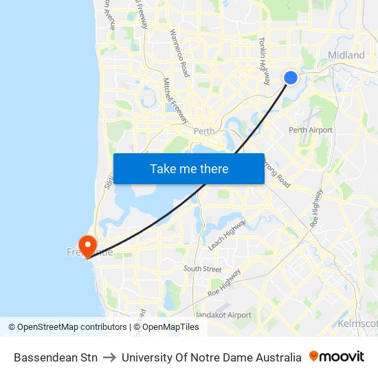 Bassendean Stn to University Of Notre Dame Australia map