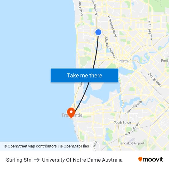 Stirling Stn to University Of Notre Dame Australia map