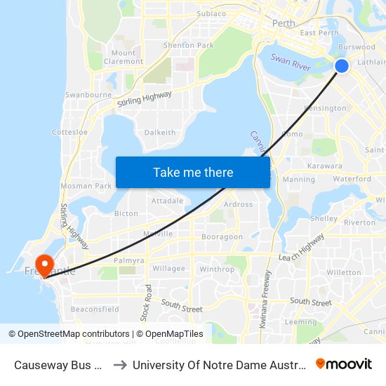 Causeway Bus Stn to University Of Notre Dame Australia map