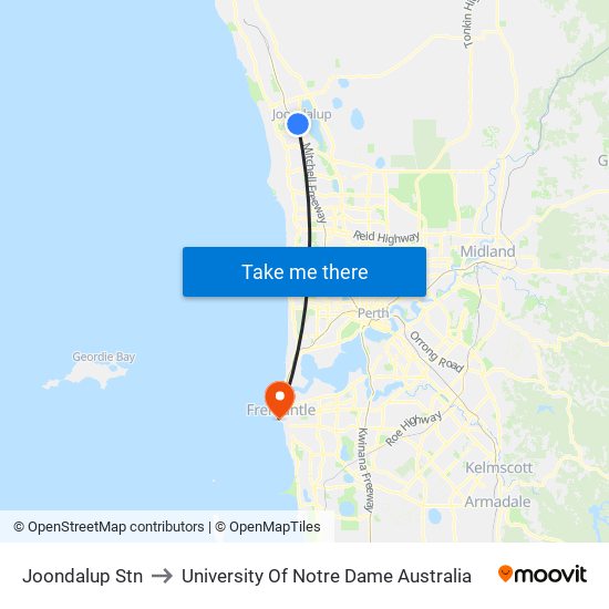Joondalup Stn to University Of Notre Dame Australia map