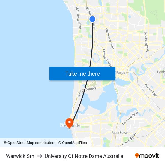 Warwick Stn to University Of Notre Dame Australia map