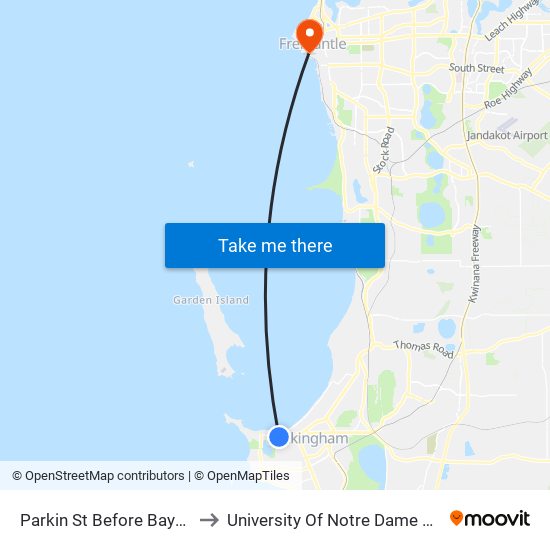 Parkin St Before Bayview St to University Of Notre Dame Australia map