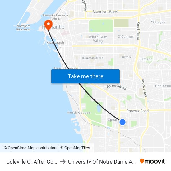 Coleville Cr After Goffe St to University Of Notre Dame Australia map