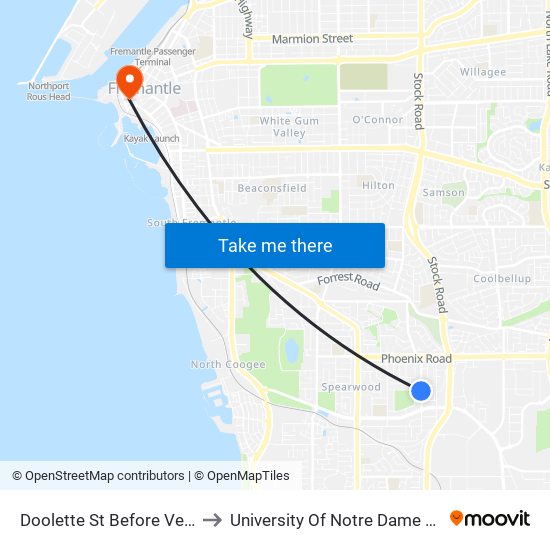 Doolette St Before Vernon Pl to University Of Notre Dame Australia map