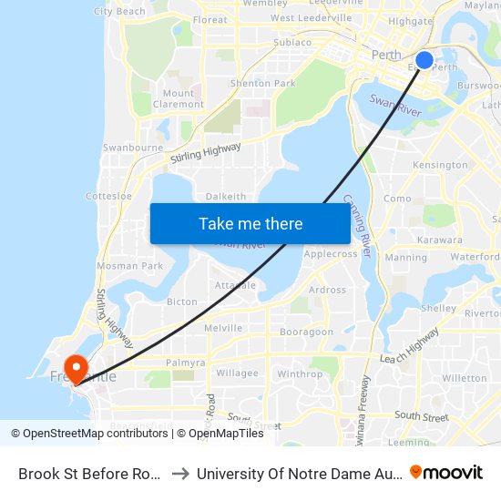 Brook St Before Royal St to University Of Notre Dame Australia map