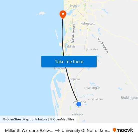 Millar St Waroona Railway Station to University Of Notre Dame Australia map