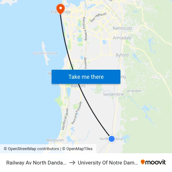 Railway Av North Dandalup Station to University Of Notre Dame Australia map