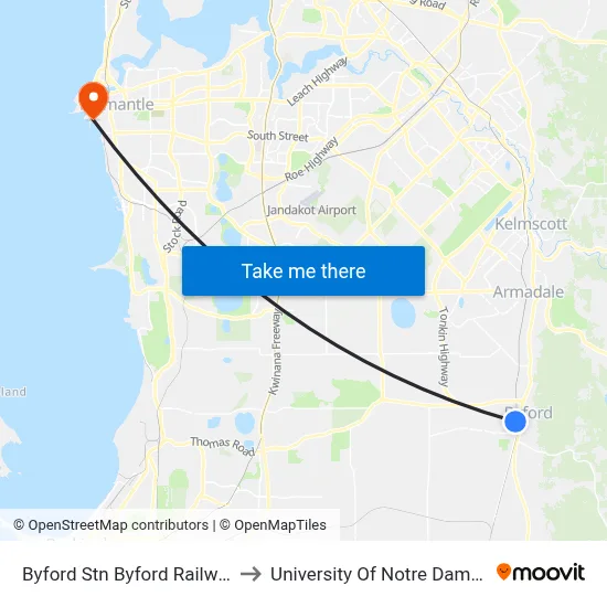 Byford Stn Byford Railway Station to University Of Notre Dame Australia map
