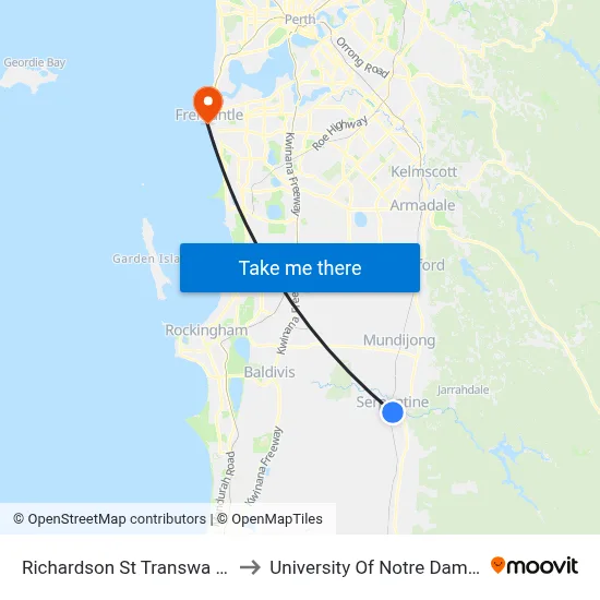 Richardson St Transwa Serpentine to University Of Notre Dame Australia map