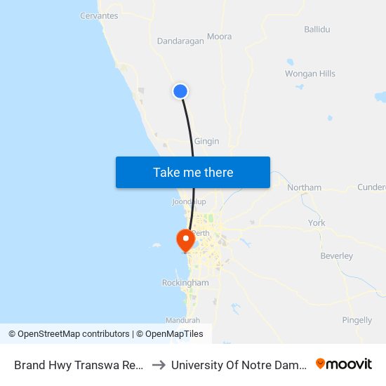 Brand Hwy Transwa Regans Ford to University Of Notre Dame Australia map