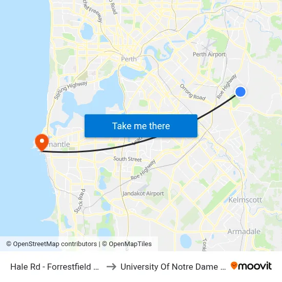 Hale Rd - Forrestfield Shop Ctr to University Of Notre Dame Australia map