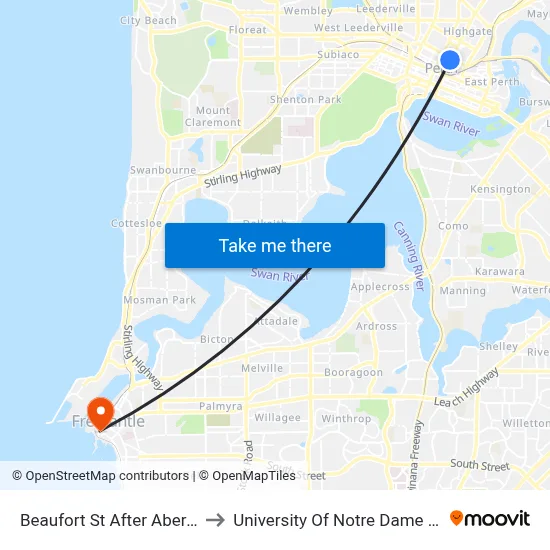 Beaufort St After Aberdeen St to University Of Notre Dame Australia map