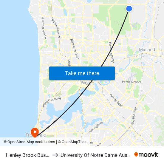 Henley Brook Bus Stn to University Of Notre Dame Australia map