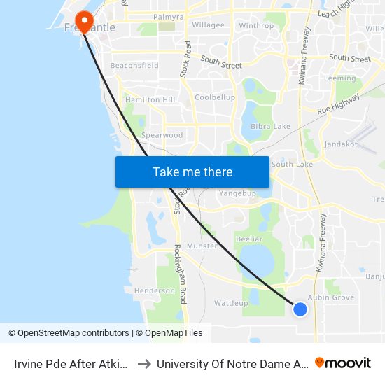 Irvine Pde After Atkins Pde to University Of Notre Dame Australia map