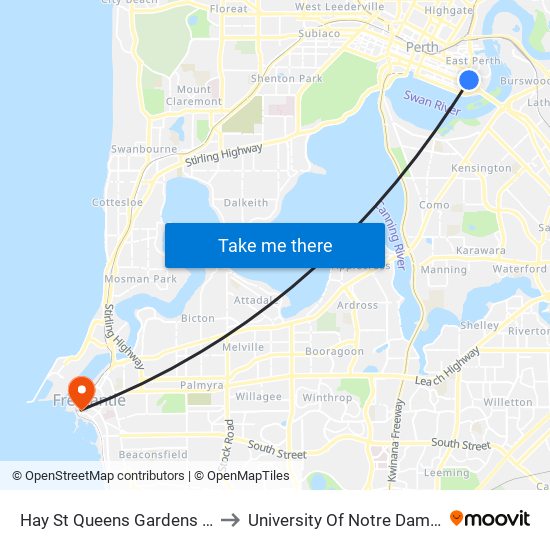 Hay St Queens Gardens Cat Id 143 to University Of Notre Dame Australia map