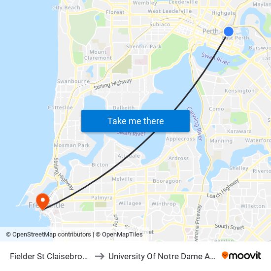 Fielder St Claisebrook Stn to University Of Notre Dame Australia map