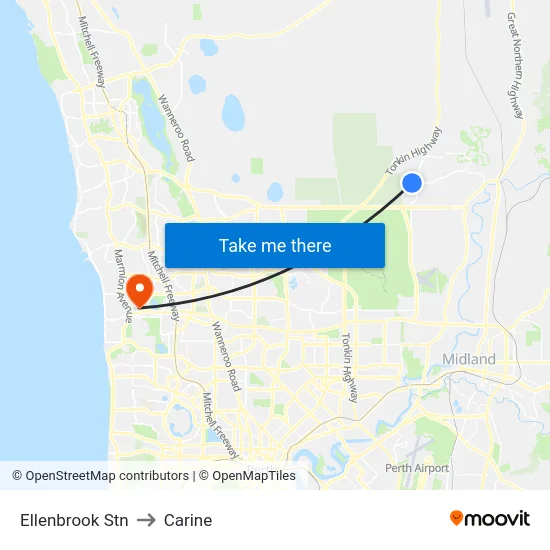 Ellenbrook Stn to Carine map