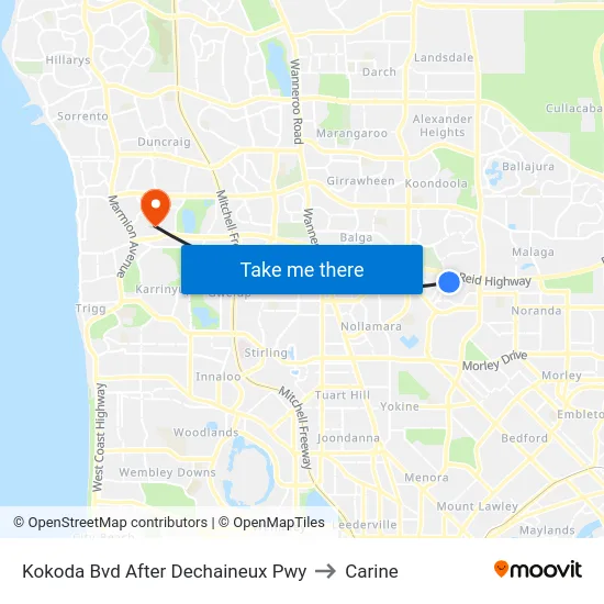 Kokoda Bvd After Dechaineux Pwy to Carine map