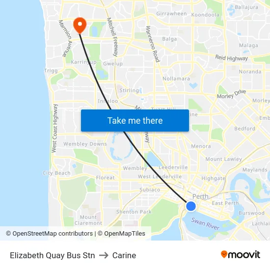 Elizabeth Quay Bus Stn to Carine map