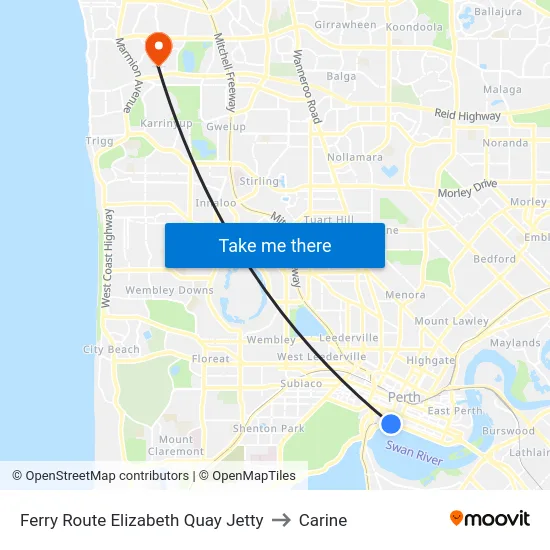 Ferry Route Elizabeth Quay Jetty to Carine map