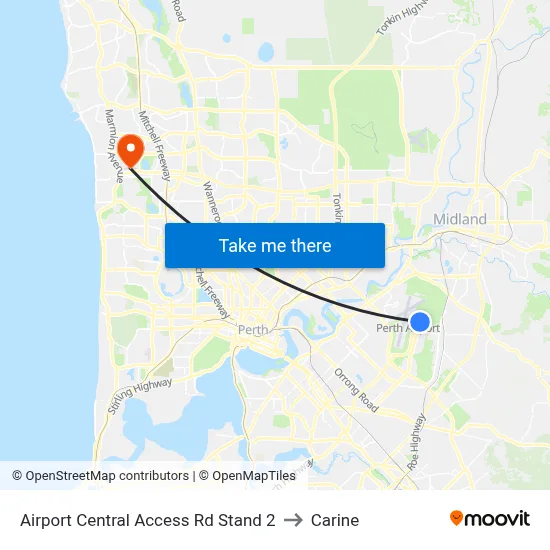 Airport Central Access Rd Stand 2 to Carine map