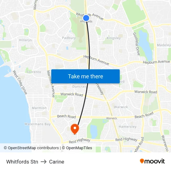 Whitfords Stn to Carine map