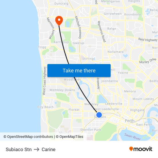 Subiaco Stn to Carine map