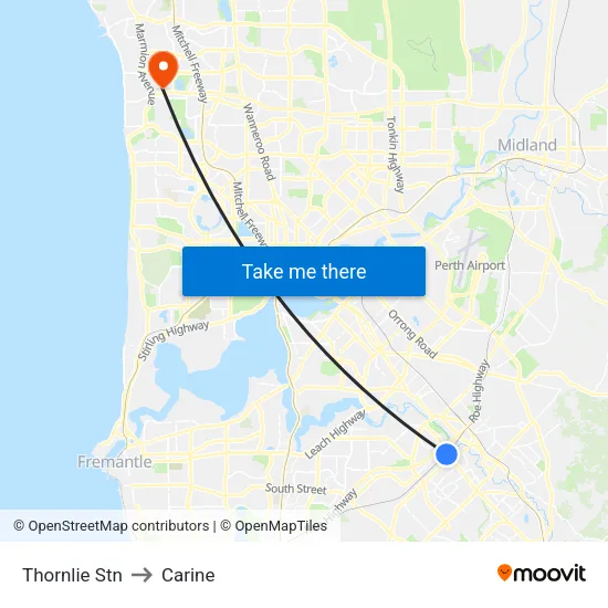 Thornlie Stn to Carine map