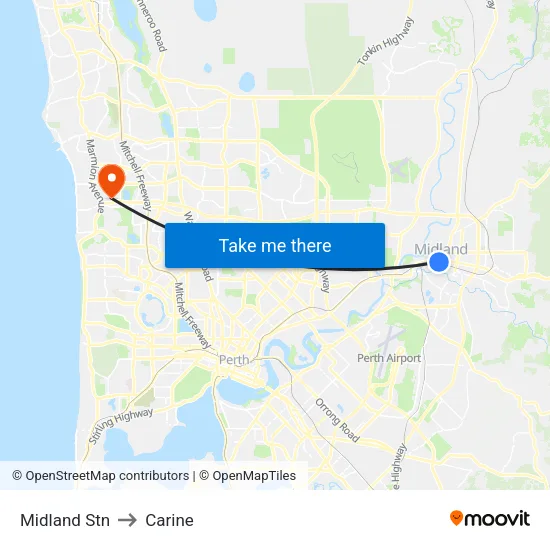 Midland Stn to Carine map